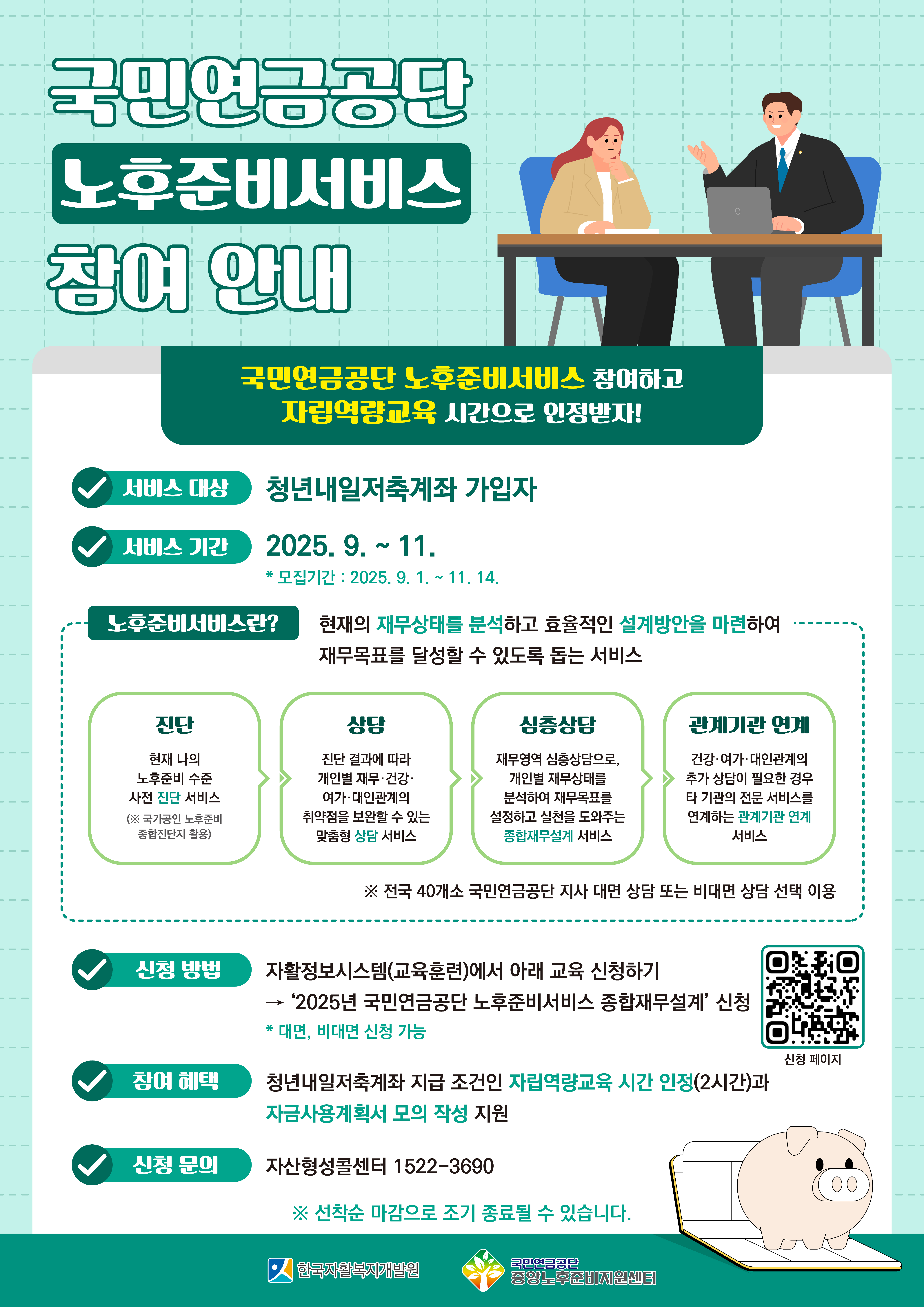 국민연금공단 노후준비서비스 참여 안내 포스터.청년내일저축계좌 가입자를 대상으로 국민연금공단 노후준비서비스에 참여하면 자립역량교육 시간으로 인정받을 수 있다는 내용.서비스 대상:** 청년내일저축계좌 가입자,서비스 기간:2025년 9월~11월 (모집기간 9월 1일 ~ 11월 14일)노후준비서비스란?진단: 현재 나의 노후준비 수준 사전 진단,상담: 재무, 건강, 대인관계 등 개인별 맞춤 상담,심층상담:종합재무설계 상담을 통한 재무목표 달성 지원,관계기관 연계: 건강·여가·대인관계와 관련된 전문기관 서비스 연계 지원(전국 40개 국민연금공단 지사 대면·비대면 상담 가능),신청 방법:** 자활정보시스템(교육훈련)에서 "2025년 국민연금공단 노후준비서비스 종합재무설계" 신청 (대면, 비대면 신청 가능),참여 혜택:** 자립역량교육 시간 인정(2시간), 자금사용계획서 모의 작성 지원,신청 문의:자산형성콜센터 1522-3690