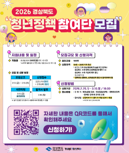 2026 경상북도 청년정책참여단 모집
지원내용 및 일정
지원금: 분과별 최대 380만원 한도 내 지원
*프로젝트 활동 참여시 쿠폰(1회당 1만원 정도) 및 여비 지급

모집 및 선발 일정
모집공고: 2.13.(금) ~ 3.10.(화)
신청접수: 2.25.(수) 09시 ~ 3.10.(화) 18시
사전미팅: 3.13.(금) (줌 영상회의)
합격자 발표: 3.16.(월)
※ 상기 일정은 본 센터의 사정에 따라 변경될 수 있음

모집규모 및 신청자격
모집규모: 100명
신청자격: 19세 ~ 39세 이하 청년
*공고일 현재 경상북도에 주소를 두고 있거나
경상북도 소재 대학교(대학원)에 재학 또는
경상북도 소재 기업에 재직 중인
청년에 한 함.
*참여자는 발대식, 성과공유회 반드시 참석하여야 함

신청방법
신청기간: 2026. 2.25.(수) ~ 3.10.(화) / 18:00
접수방법
-신청서: 청년e끌림 접수 - 청년e끌림(정책) - 경북청년정책 - 참여단 검색 후 온라인 신청
-접수방법: 신청바로가기 클릭 후 파일 업로드 제출
*마감일 18시 이후 접수 불가

자세한 내용은 QR코드를 통해서 확인해주세요
신청하기!
경상북도 경상북도청년센터