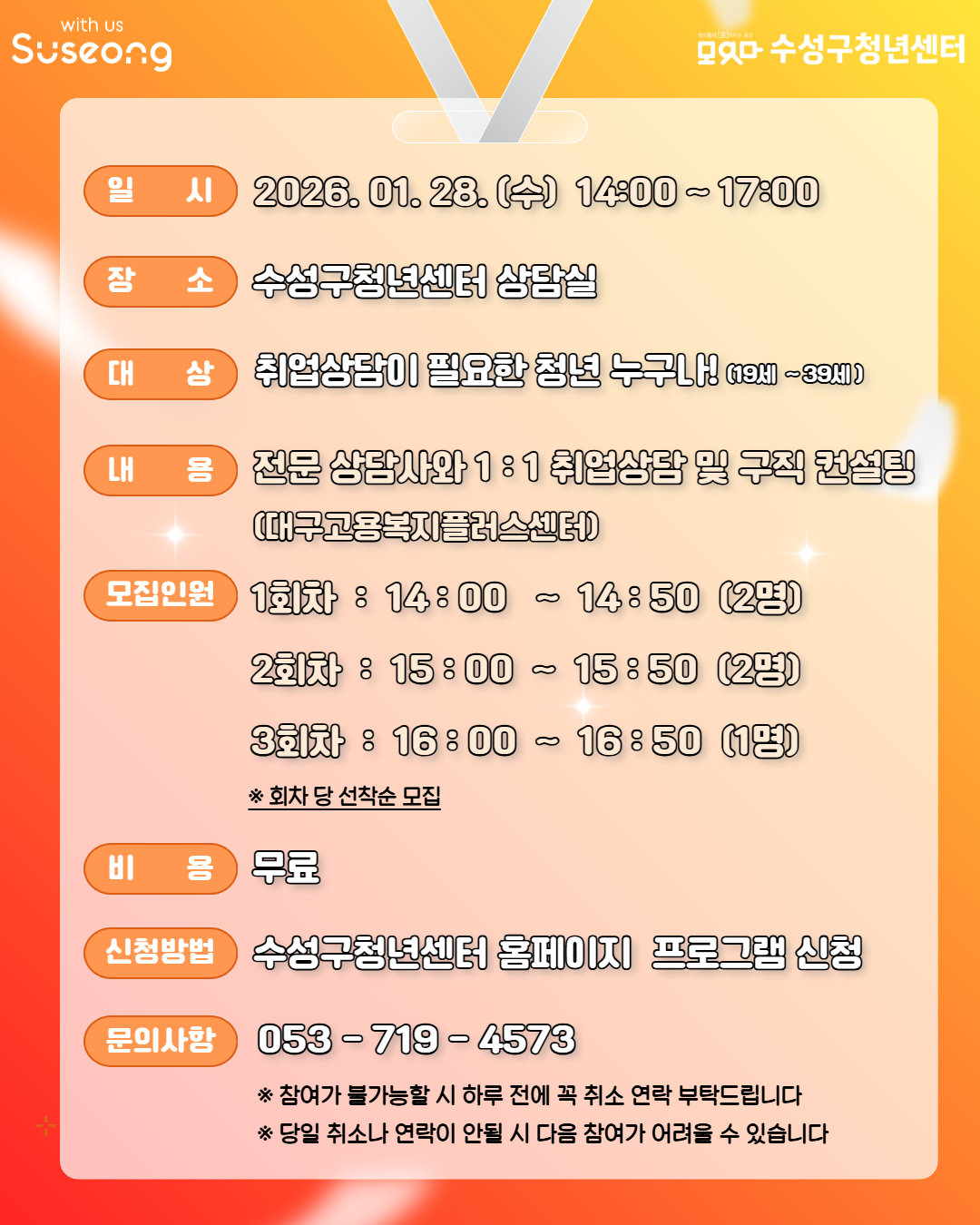 일시 2026.01.28.(수) 14:00 ~ 17:00 장소 수성구청년센터 상담실 대상 취업상담이 필요한 청년 누구나! (19세 ~ 39세) 내용 전문 상담사와 1:1 취업상담 및 구직 컨설팅 (대구고용복지플러스센터) 모집인원 1회차: 14:00 ~ 14:50 (2명), 2회차: 15:00 ~ 15:50 (2명), 3회차: 16:00 ~ 16:50 (1명) * 회차 당 선착순 모집 비용 무료 신청방법 수성구청년센터 홈페이지 프로그램 신청 문의사항 053-719-4573 ※ 참여가 불가능할 시 하루 전에 꼭 취소 연락 부탁드립니다 ※ 당일 취소나 연락이 안될 시 다음 참여가 어려울 수 있습니다