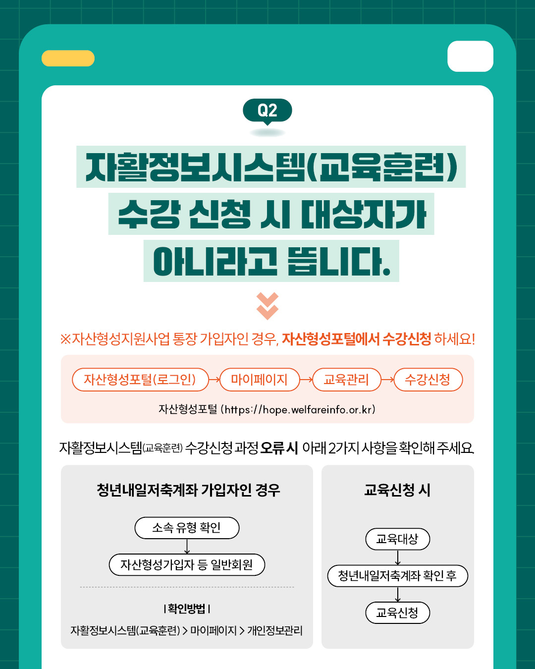 자활정보시스템(교육훈련)에서 수강 신청 시 대상자가 아니라고 표시되는 경우에 대한 안내입니다.자산형성지원사업에 가입한 경우에는 자활정보시스템이 아닌 자산형성포털에서 수강신청을 해야 합니다.자산형성포털의 로그인 후, 마이페이지에서 교육관리 메뉴로 들어가 수강신청을 하면 됩니다.수강신청 오류가 발생한 경우에는 두 가지를 확인해야 합니다.첫째, 청년내일저축계좌 가입자는 자활정보시스템에서 소속 유형이 ‘자산형성가입자 등 일반회원’으로 되어 있는지 확인해야 합니다.둘째, 교육신청 시 ‘교육대상’이 청년내일저축계좌 가입자로 확인되었는지 다시 확인해야 합니다.
