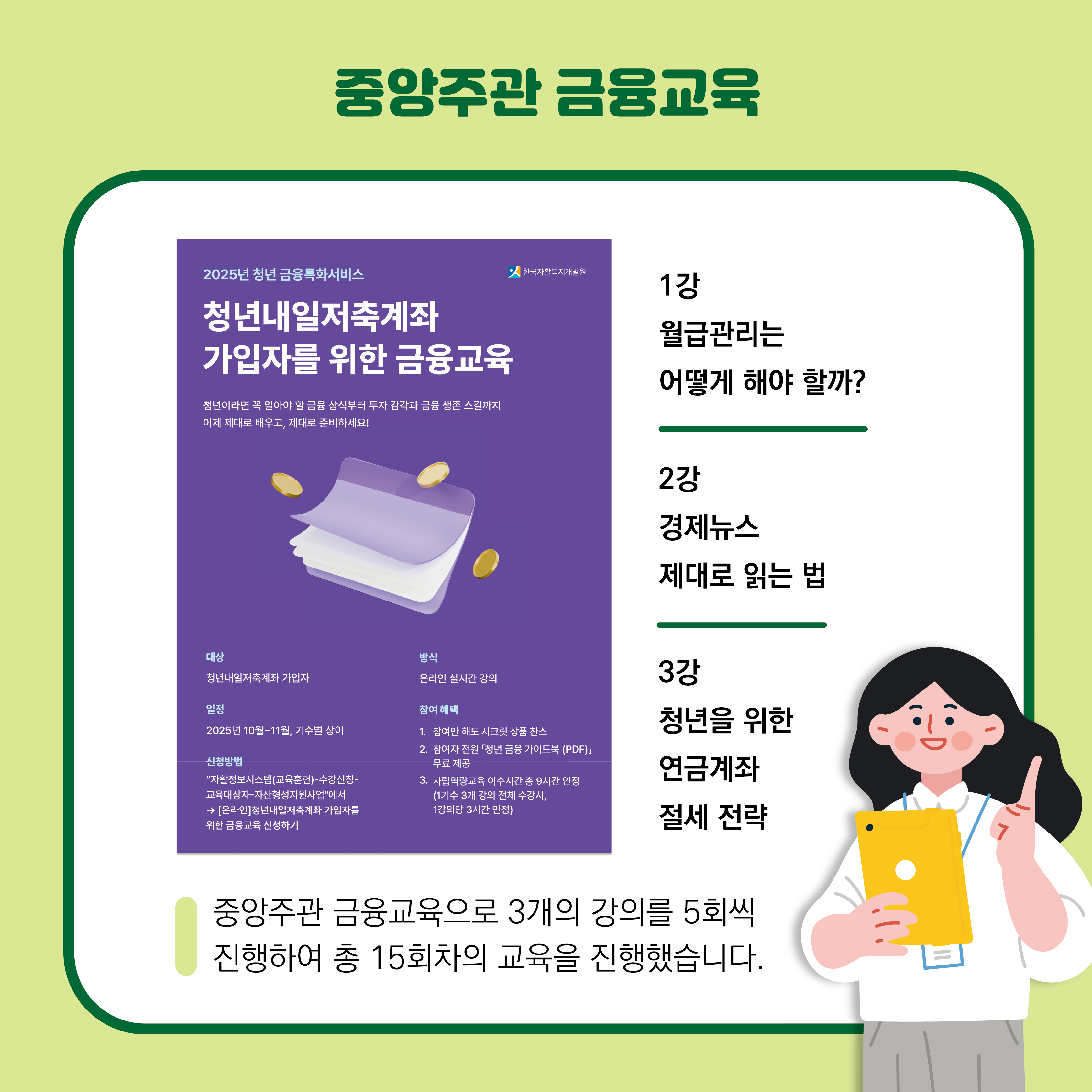 중앙주관 금융교육을 통해 금융교육이 진행되었습니다. 교육은 총 3개의 주제로 구성되었으며, 각 주제별로 5회씩 진행되어 총 15회차의 교육이 운영되었다. 1강 월급관리는 어떻게 해야 할까?, 2강 경제뉴스 제대로 읽는 법, 3강 청년을 위한 연금계좌 절세 전략으로 이루어져있습니다. 중앙 좌측에는 금융교육 홍보 포스터 이미지가 있으며, 하단 우측에는 손을 들고 있는 여자 이미지가 있습니다.