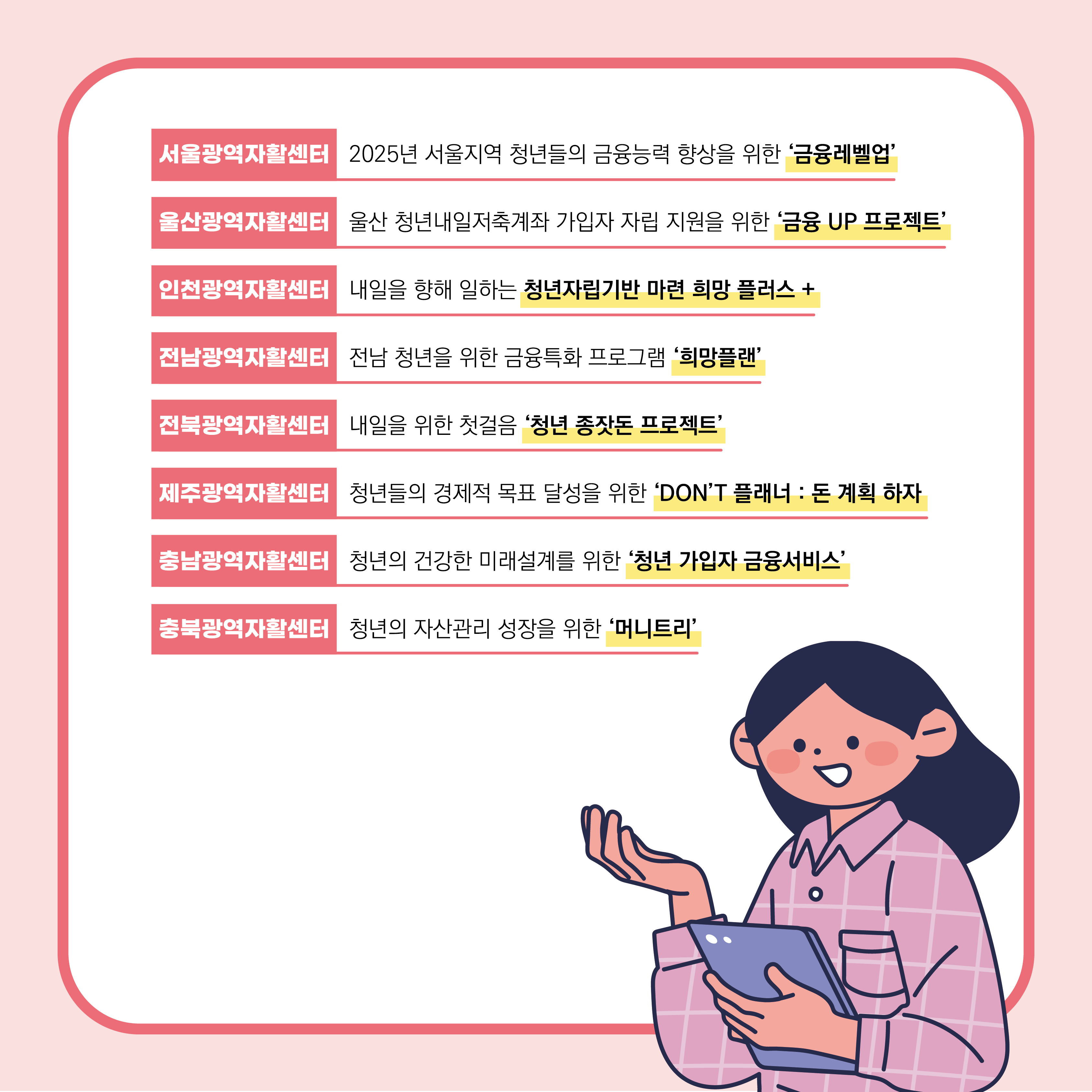 서울광역자활센터 2025년 서울지역 청년들의 금융능력 향상을 위한 금융레벨업, 울산광역자활센터 울산 청년내일저축계좌 가입자 자립 지원을 위한 금융UP 프로젝트, 인천광역자활센터 내일을 향해 일하는 청년자립기반 마련 희망 플러스, 전남광역자활센터 전남 청년을 위한 금융특화 프로그램 희망플랜, 전북광역자활센터 내일을 위한 첫걸음 청년 종잣돈 프로젝트, 제주광역자활센터 청년들의 경제적 목표 달성을 위한 DON’T 플래너:돈계획하자, 충남광역자활센터 청년의 건강한 미래설계를 위한 청년 가입자 금융서비스, 충북광역자활센터 청년의 자산관리 성장을 위한 머니트리입니다. 오른쪽 하단에는 손을 들고 있는 여자 이미지가 있습니다.