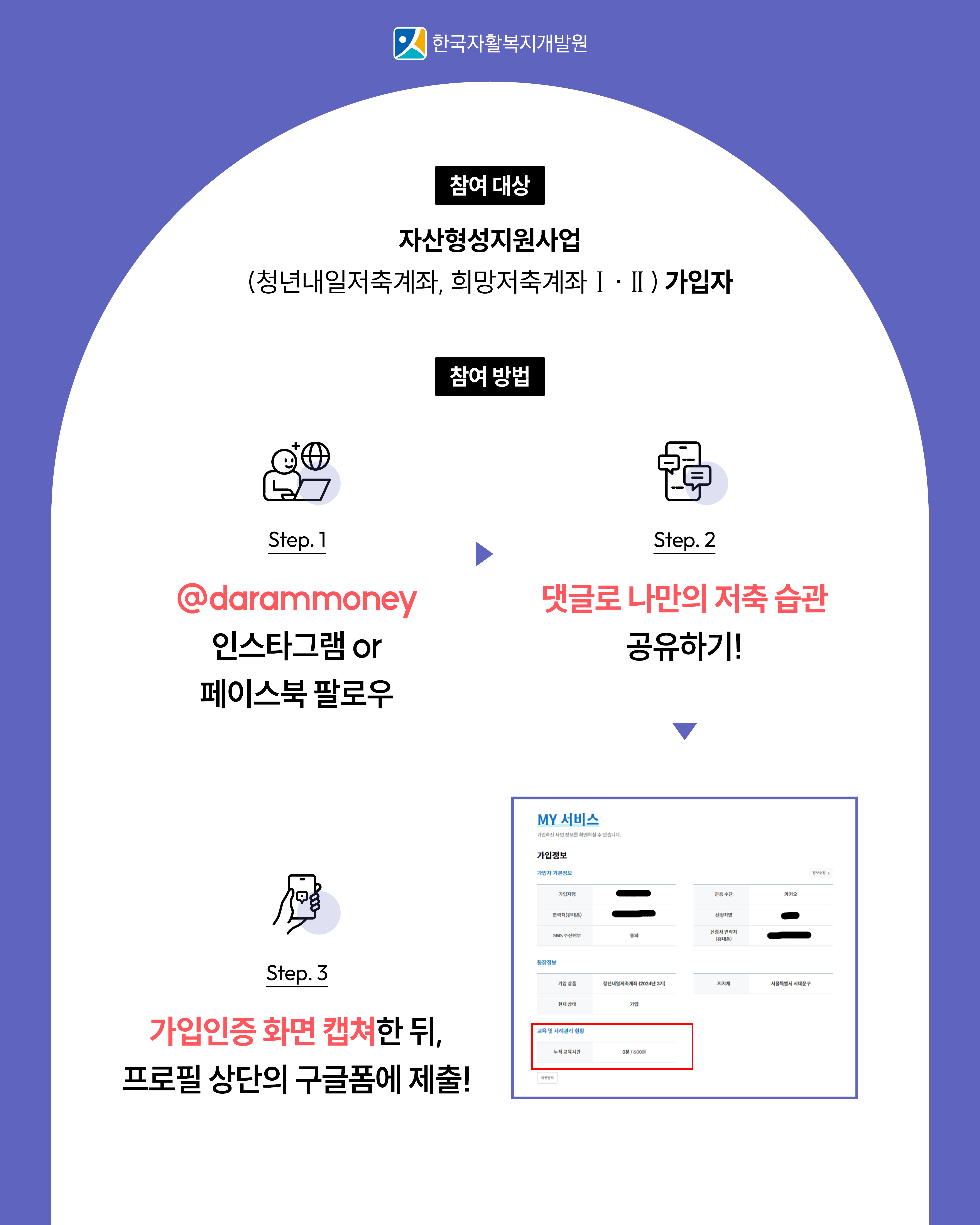 자산형성지원사업 인스타그램 또는 페이스북 팔로우, SNS 댓글로 나만의 저축습관 공유하기, 가입인증 화면 캡쳐 뒤 구글폼 제출