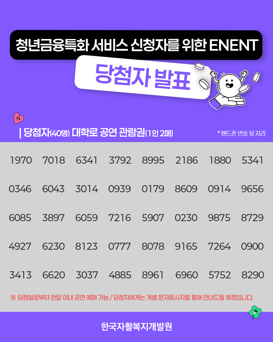 청년금융특화 서비스 신청자를 위한 이벤트 당첨자 발표
당첨자(40명) 대학로 공연 관람권(1인 2매)


1970,7018,6341,3792,8995,2186,1880,5341,0346,6043,3014,0939,0179,8609,0914,9656,6085,3897,6059,7216,5907,0230,9875,8729,4927,6230,8123,0777,8078,9165,7264,0900,3413,6620,3037,4885,8961,6960,5752,8290

당첨일로부터 한달 이내 공연 에매 가능/ 당첨자에게는 개별 문자메시지를 통해 안내드릴 예정입니다.
