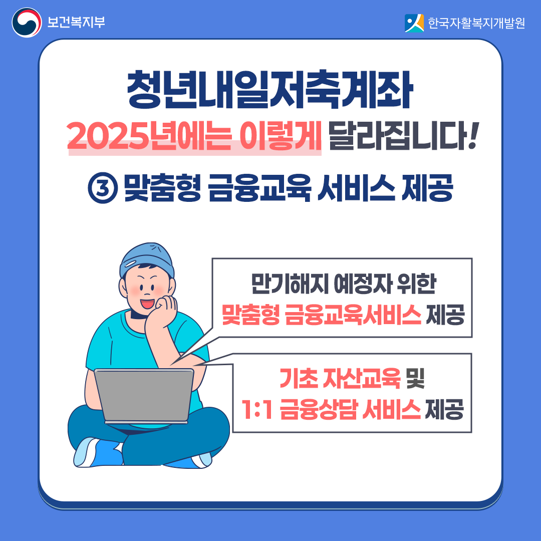 2025년에는 이렇게 달라집니다! 맞춤형 금융교육 서비스 제공 만기해지 예정자 위한 맞춤형 금융교육서비스 제공 기초 자산교육 및 1:1 금융상담 서비스 제공