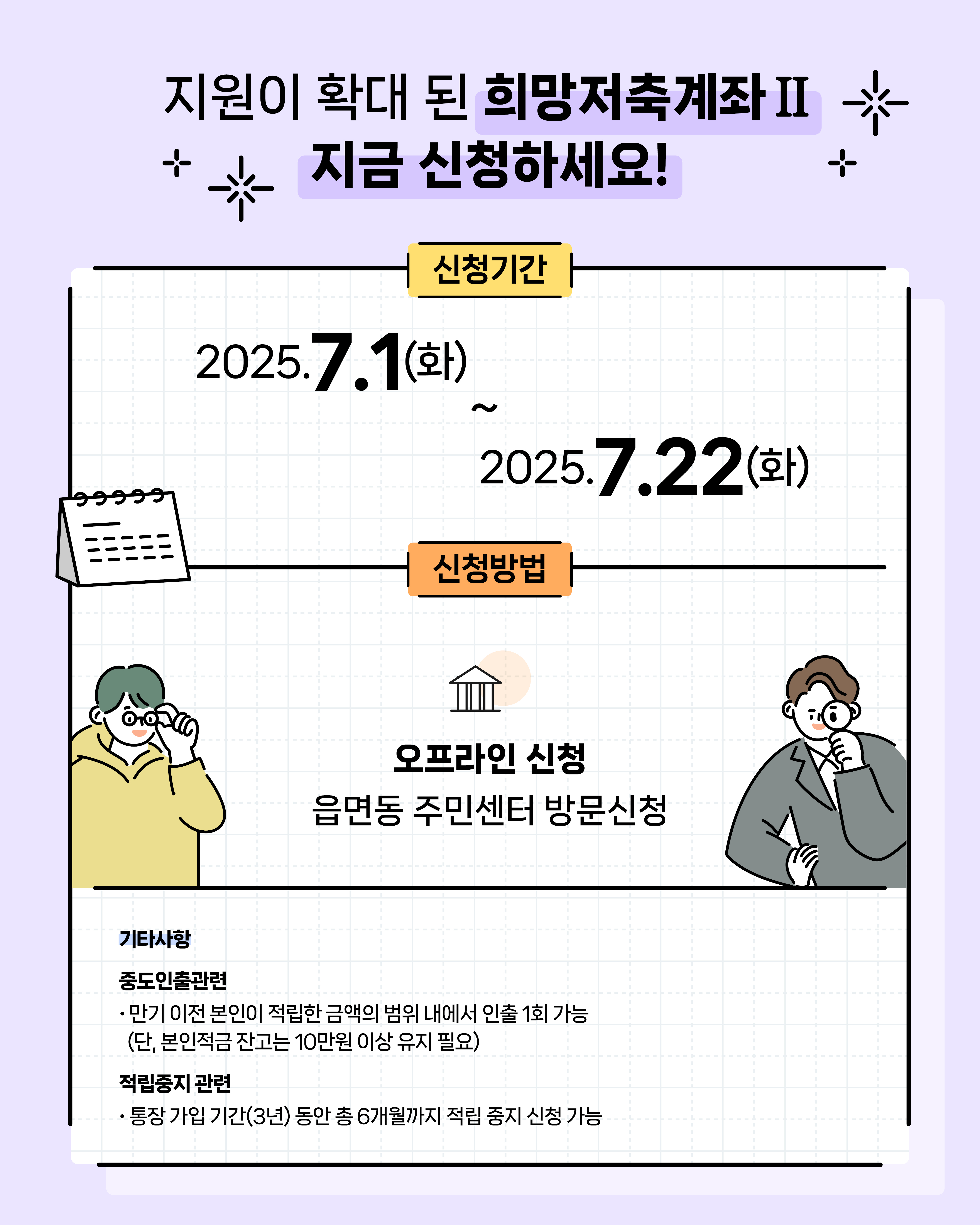 지원이 확대 된 희망저축계좌2 지금신청하세요! 신청기간은 2025년7/1(화)~7/22(화)입니다. 신청방법은 읍면동 주민센터에 직접 방문하여 신청하시기 바랍니다. 만기 이전 본인이 적립한 금액의 범위 내에서 인출 1회 가능합니다(단, 본인적금 잔고는 10만원 이상 유지 필요), 통장 가입기간(3년)동안 총 6개월까지 적립중지 신청 가능합니다.