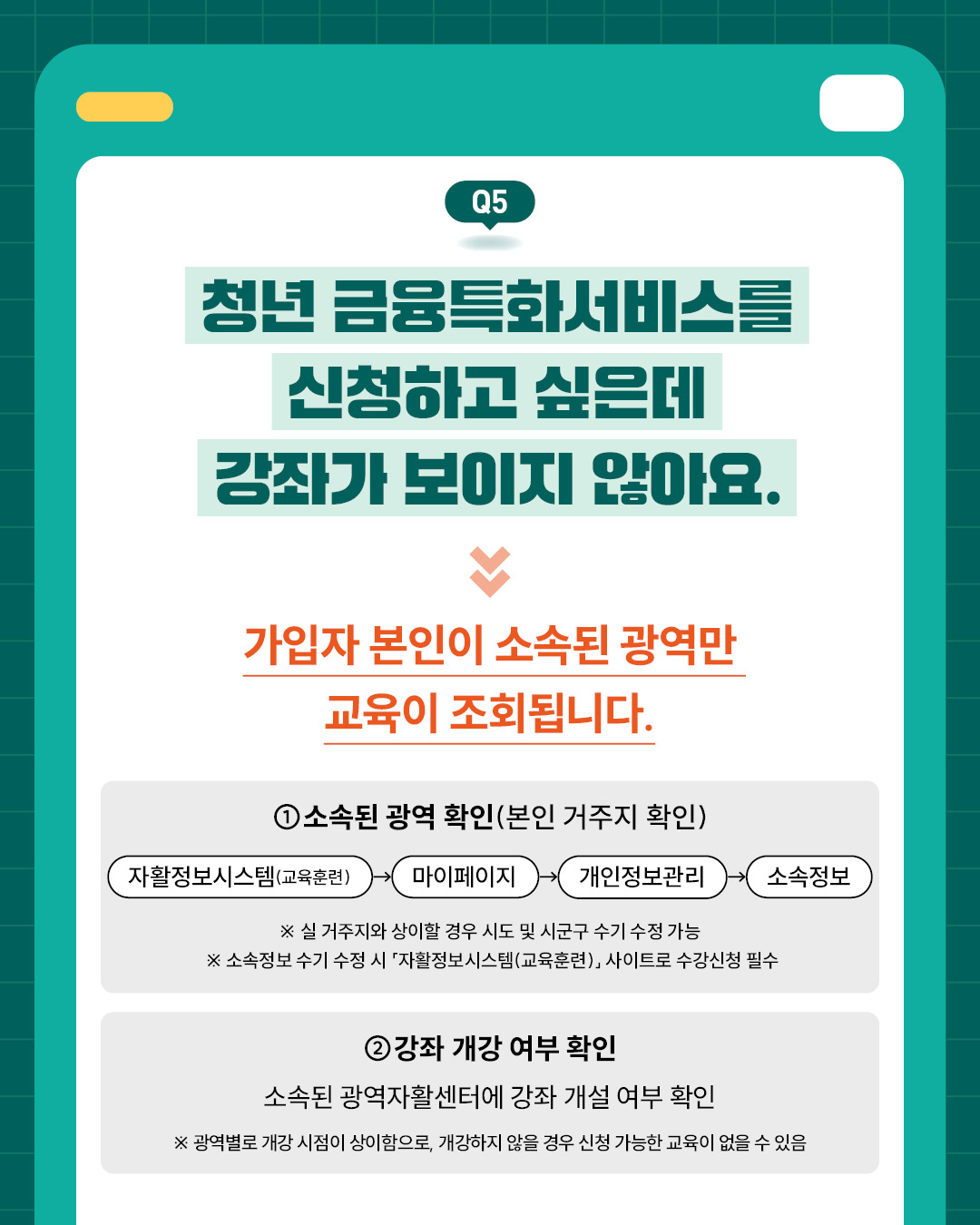 청년 금융특화서비스를 신청하고 싶은데 강좌가 보이지 않을 경우의 해결 방법을 안내합니다.가입자 본인이 소속된 광역자활센터에서 개설한 교육만 조회되기 때문에, 먼저 자활정보시스템(교육훈련)에서 마이페이지의 개인정보관리 메뉴로 들어가 소속 정보를 확인해야 합니다.실제 거주지와 다를 경우 시도 및 시군구 정보를 직접 수정할 수 있습니다.또한, 소속된 광역자활센터에 해당 교육 강좌가 개설되지 않은 경우에는 수강 가능한 교육이 없을 수도 있습니다.