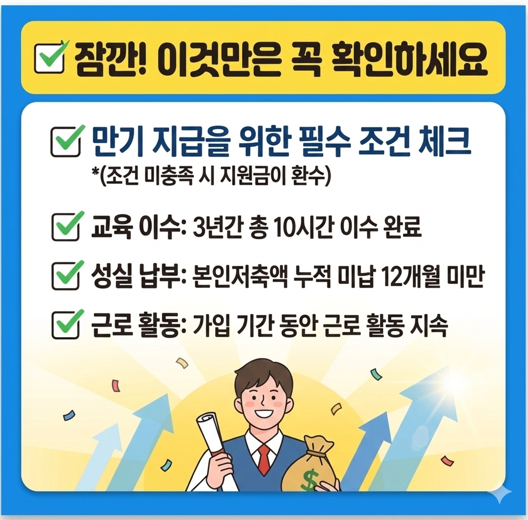 잠깐! 이것만은 꼭 확인하세요 만기지급을위한 필수조건 체크 교육이수:3년간 총 10시간 이수 완료, 성실납부: 본인저축액 누적 미납 12개월 미만 , 근로활동: 가입기간 동안 근로활동지속