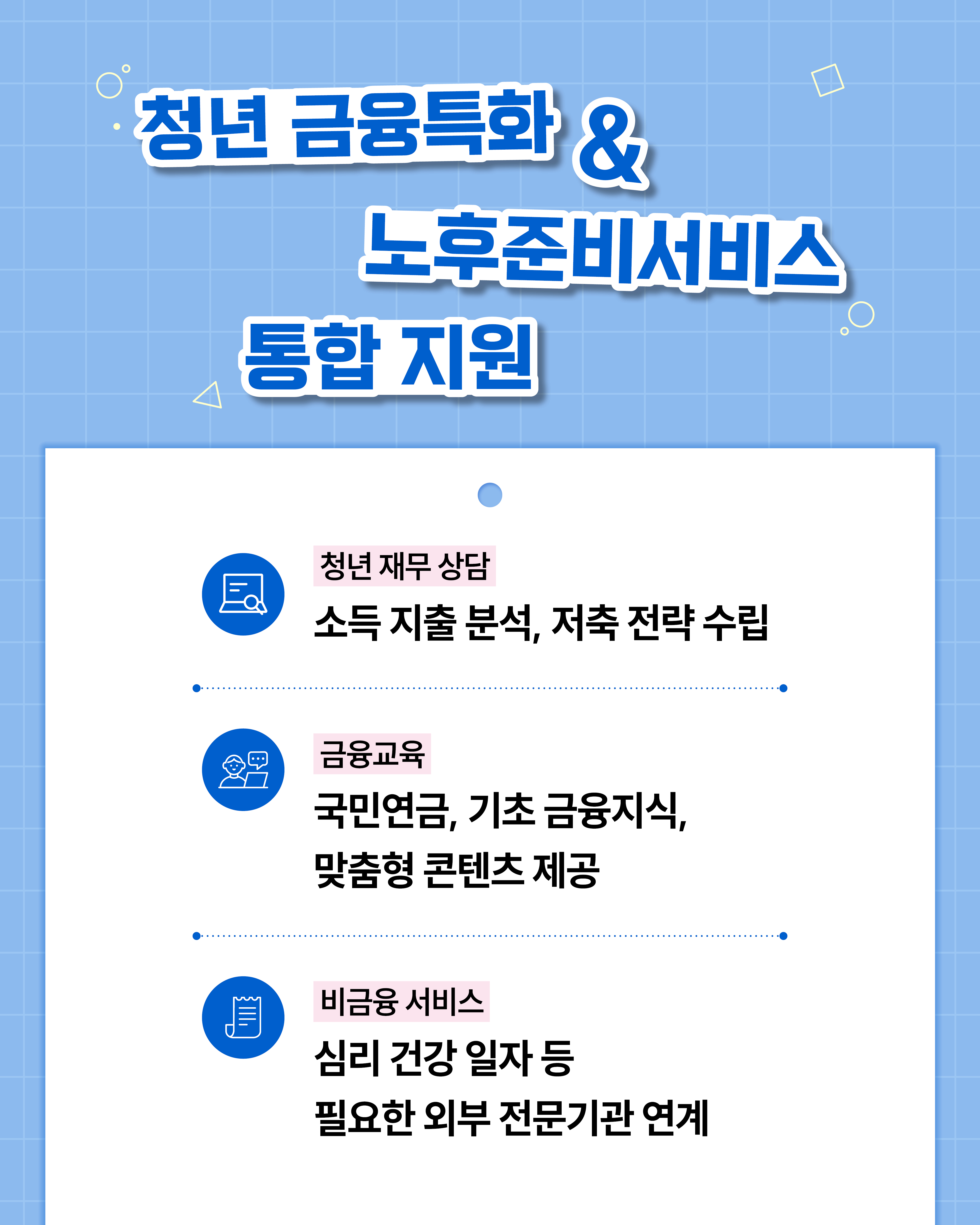 청년들을 위해 재무 상담, 금융 교육, 비금융 서비스가 통합적으로 제공된다. 재무 상담에서는 소득과 지출을 분석해 저축 전략을 수립하고, 금융 교육을 통해 국민연금과 기초 금융지식을 비롯한 맞춤형 콘텐츠를 제공한다. 또한, 심리 건강과 일자리 지원 등 다양한 비금융 서비스는 외부 전문기관과 연계해 지원된다.