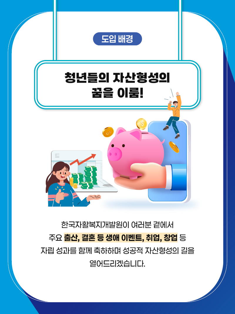 도입 배경 청년들의 자산형성의 꿈을 이룸! 한국자활복지개발원이 여러분의 곁에서 주요 출산, 결혼 등 생애 이벤트, 취업, 창업 등 자립 성과를 함께 축하하며 성공적 자산형성의 길을 열어드리겠습니다.