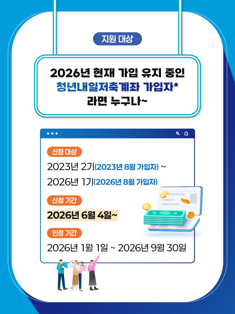 지원 대상 2026년 현재 가입 유지중인 청년내일저축계좌 가입자라면 누구나, 신청대상: 2023년 2기(2023년 8월 가입자) ~ 2026년 1기(2026년 8월 가입자) 신청기간: 2026년 6월4일~ 인정기간: 2026년 1월 1일 ~ 2026년 9월 30일