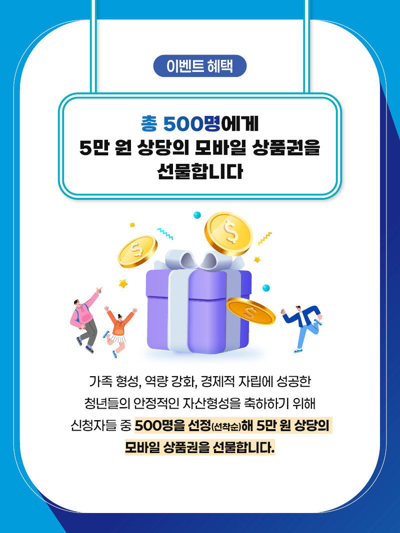 이벤트 헤택 총 500명에게 5만 원 상당의 모바일 상품권을 선물합니다. 가족형성, 역량 강화, 경제적 자립에 성공한 청년들의 안정적인 자산형성을 축하하기 위해 신청자들 중 500명을 선정(선착순)해 5만 원 상당의 모바일 상품권을 선물합니다.