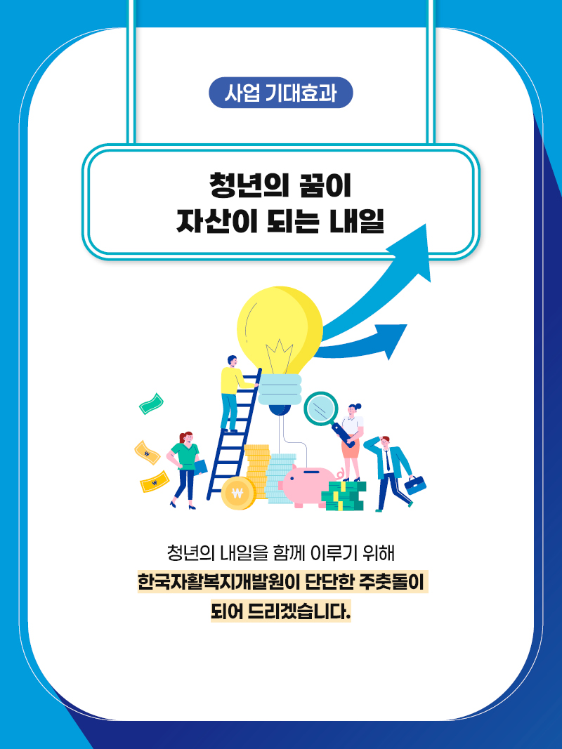사업 기대효과: 청년의 꿈이 자산이 되는 내일 청년의 내일을 함께 이루기 위해 한국자활복지개발원이 단단한 주춧돌이 되어 드리겠습니다.