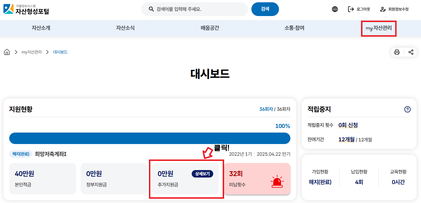 대시보드 자산소개, 자산소식, 배움공간, 소통참여, my자산관리, 대시보드 지원현황 추가지원금 상세보기 클릭!
