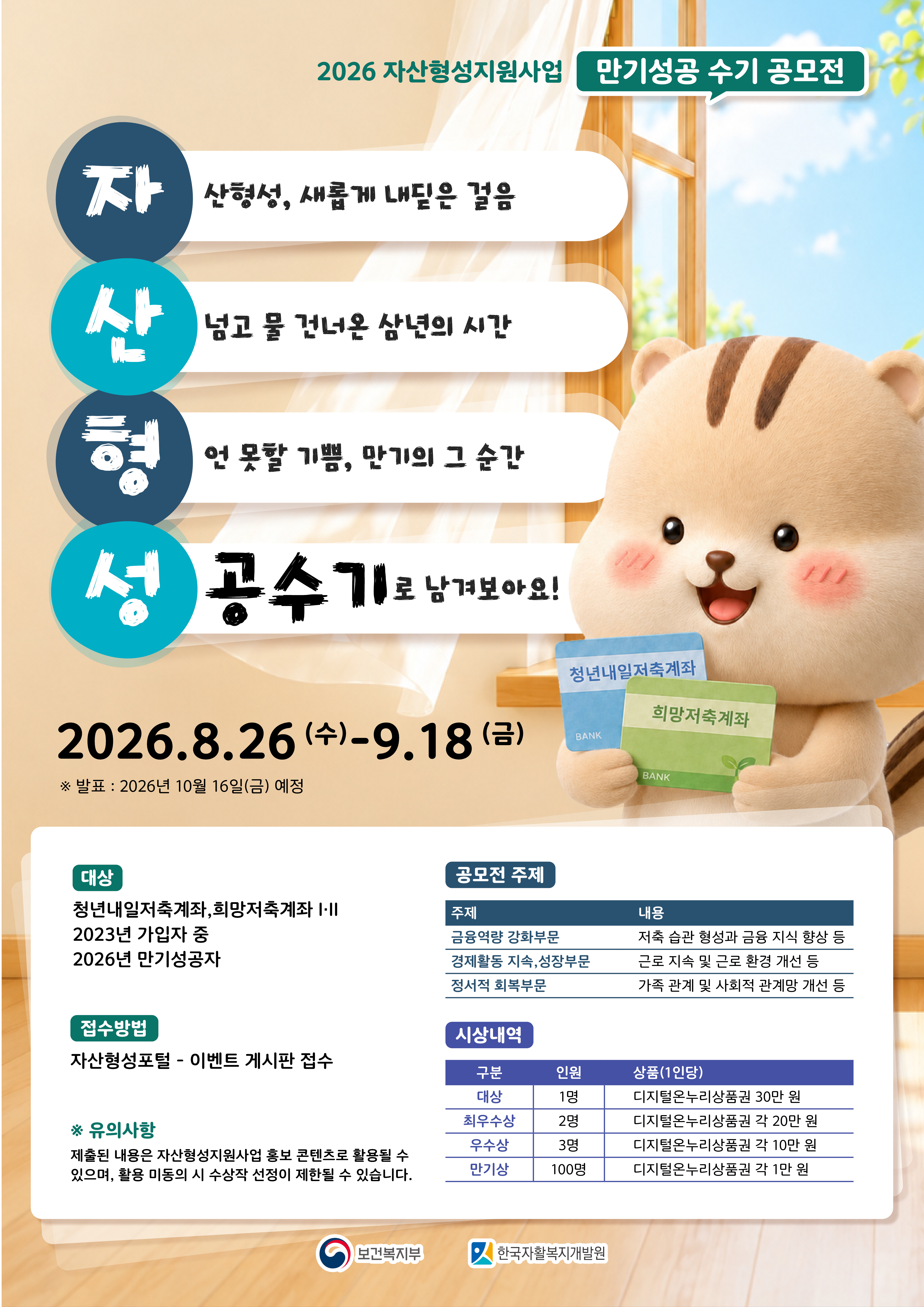 2026년 자산형성지원사업 만기성공 수기 공모전 자산형성, 새롭게 내딛은 걸음 산 넘고 물 건너온 삼년의 시간 형언 못할 기쁨, 만기의 그 순간 성공수기로 남겨보아요! 2026.8.26(수)-9.18(금) *발표:2026년 10월 16일(금) 예정 대상 청년내일저축계좌, 희망저축계좌I,II 2023년 가입자 중 2026년 만기성공자 접수방법 자산형성포털-이벤트 게시판 접수 *유의사항 제출된 내용은 자산형성지원사업 홍보 콘텐츠로 활용될 수 있으며, 활용 미동의 시 수상작 선정이 제한될 수 있습니다. 공모전 주제: 금융역량 강화부문: 저축습관 형성과 금융지식 향상 등 , 경제활동지속,성장부문: 근로 지속 및 근로  환경 개선 등, 정서적 회복부문: 가족관계 및 사회적 관계망 개선 등 시상내역: 대상1명 디지털온느리상품권 30만원, 최우수상 2명 디지털온누리상품권 각 20만원 우수상 3명 디지털온누리상품권 각10만원 만기상 100명 디지털온누리상품권 각 1만원